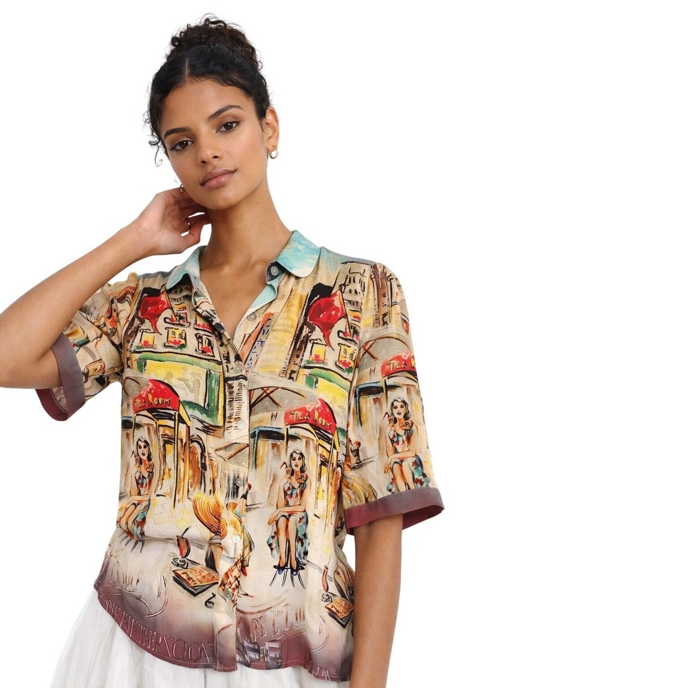 ANNE ELISABETH Paris‎ Café Print Button Up Blouse Artsy Vintage Style 38